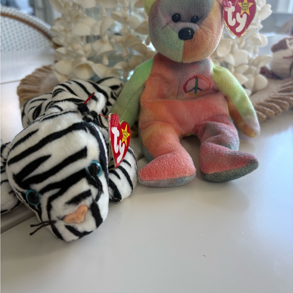 Ty Rainbow Peace Bear and Blizzard Zebra Plush Duo beanie babies